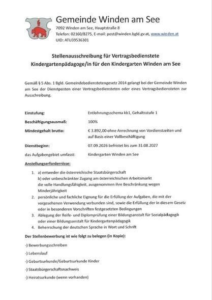 Eine Stellenausschreibung für eine Kindergartenpädagogin/einen Kindergartenpädagogen in Winden am See, Österreich, mit Details zu Beschäftigungsbedingungen, Gehalt und Bewerbungsvoraussetzungen.