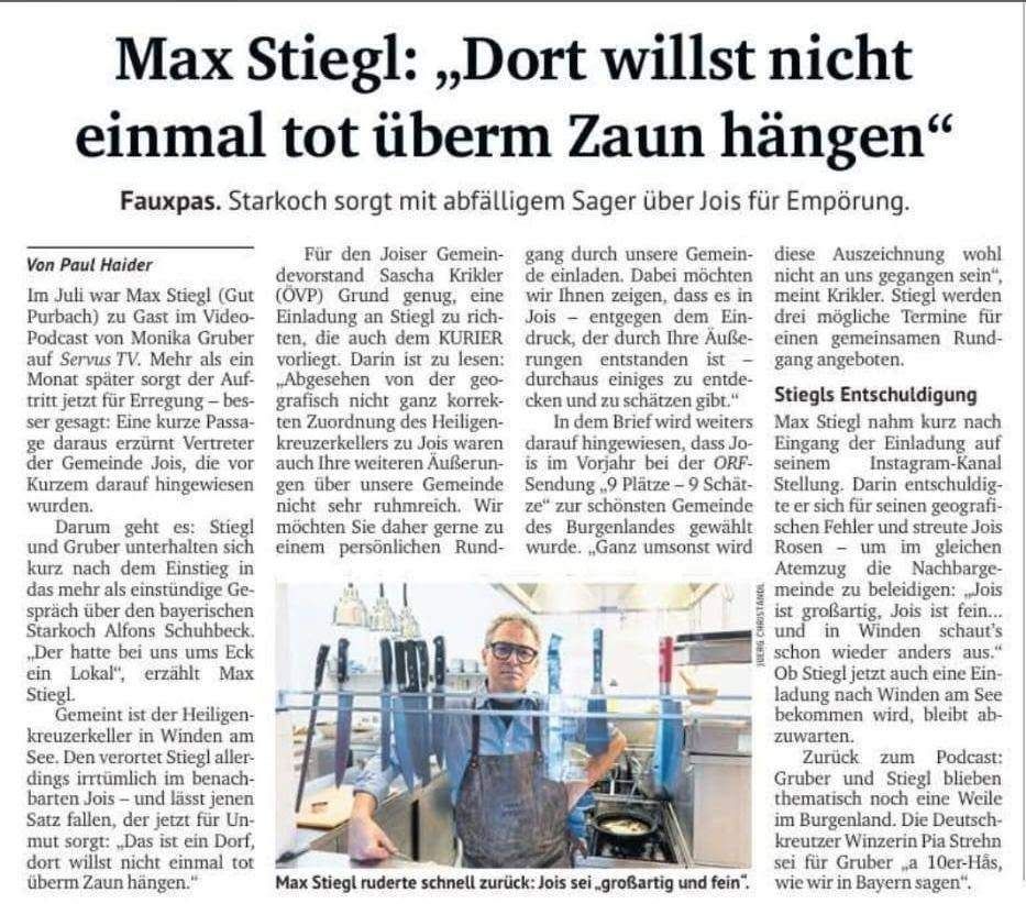 Ein Zeitungsartikel zeigt ein Foto von Max Stiegl, einer lokalen Persönlichkeit, mit einer Überschrift über seine umstrittenen Äußerungen. Der Artikel diskutiert seine Kommentare und die Reaktion der Gemeinschaft, einschließlich einer persönlichen Entschuldigung.