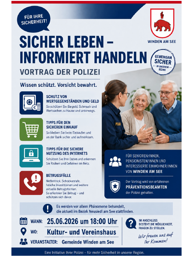 An advertisement for a police presentation on internet safety. It includes tips for secure online usage, advice for recognizing scams, and a date of 25.06.2026 at 18:00.