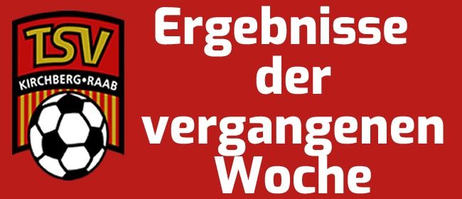 Ein roter Hintergrund zeigt die Ergebnisse der vergangenen Woche. Ein Fußball ist neben dem Text abgebildet. Das Teamlogo befindet sich auf der linken Seite.
