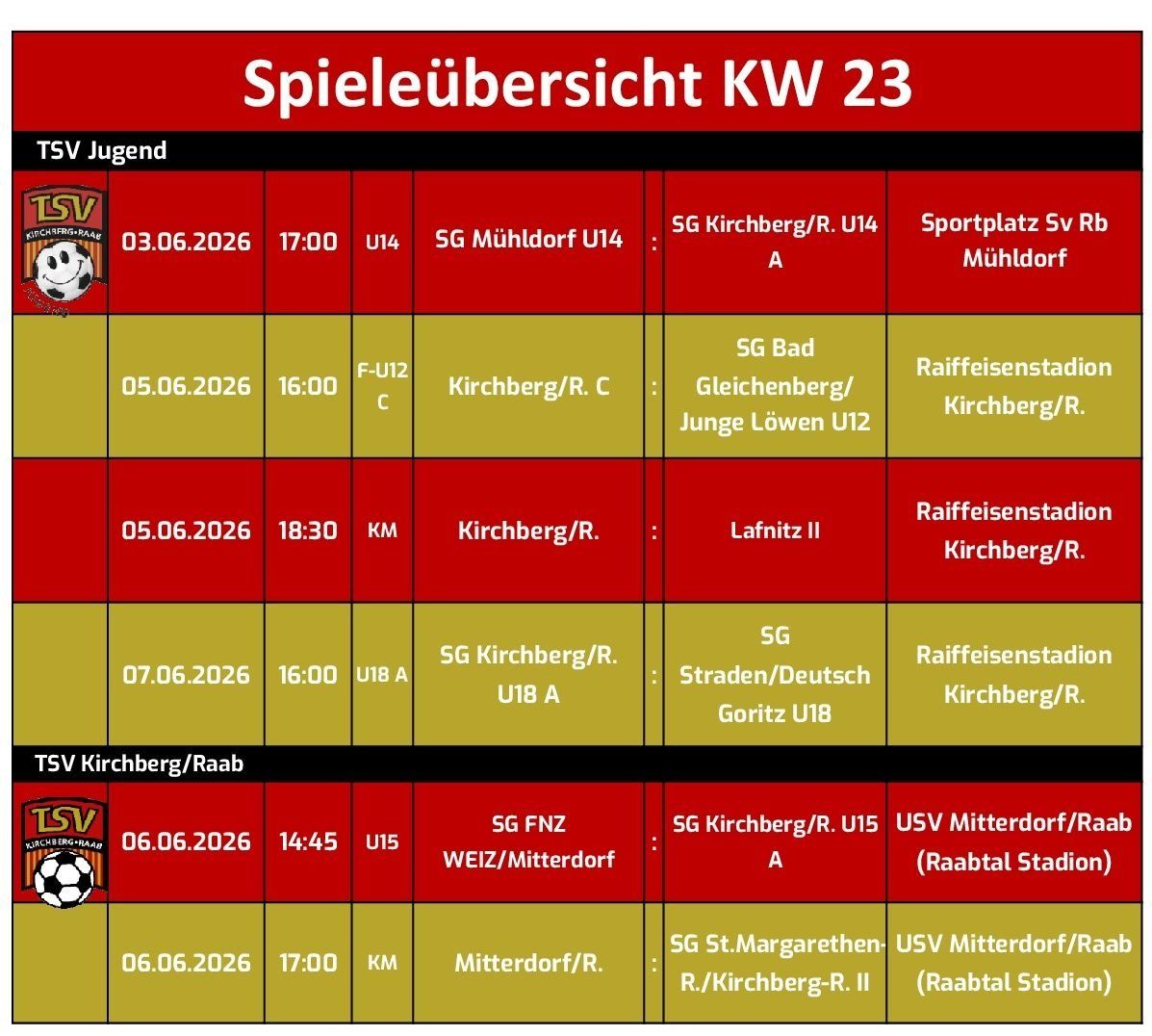 Ein Fußballliga-Spielplan für Woche 23 zeigt Spiele mit Daten, Zeiten, Teams und Orten. Die Spiele sind für den 3., 5. und 7. Juni geplant. Die Teams umfassen SG Mühldorf, SG Bad, SG Kirchberg, SG FNZ und SG St.Margarethen.