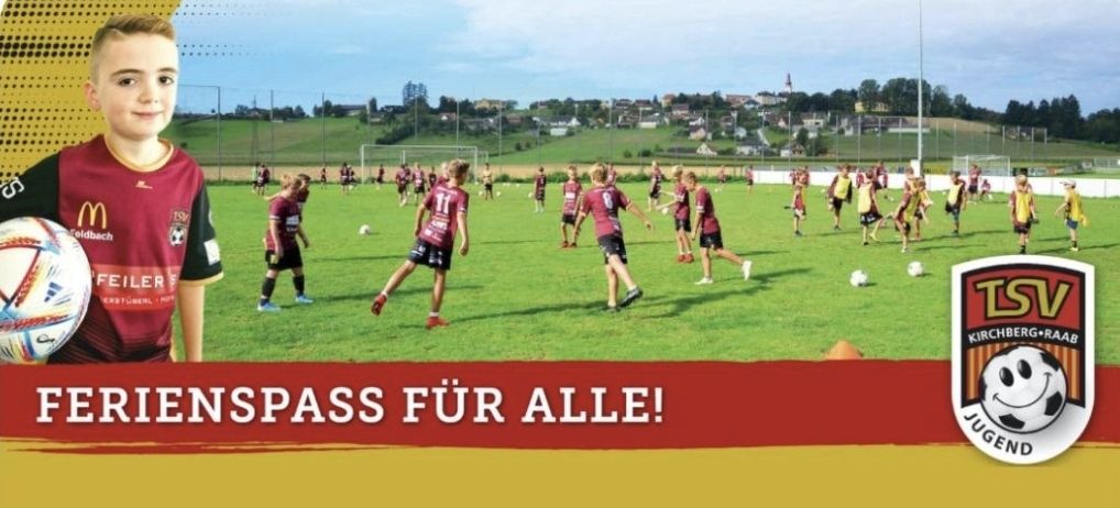 Eine Fußballmannschaft trainiert auf einem Rasenplatz. Ein junger Junge in einem roten Trikot steht im Vordergrund. Die Mannschaft trägt rote Trikots mit Nummern darauf. Der Text 'FUN PASS FÜR ALLE!' steht in Rot auf einem gelben Hintergrund.
