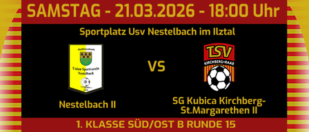 Ein Bild einer Fußballspiel-Werbung für ein Spiel zwischen Nestelbach II und SG Kubica Kirchberg-St.Margarethen II. Das Spiel findet am 21. März 2026 um 18:00 Uhr statt.