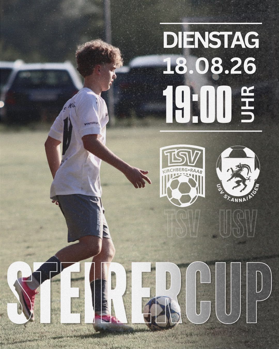 A soccer player in a white jersey with the number 4 on it is running on a field. The image has a watermark with the text 'Steirercup' and logos of two soccer clubs. The date and time of the event are also displayed.