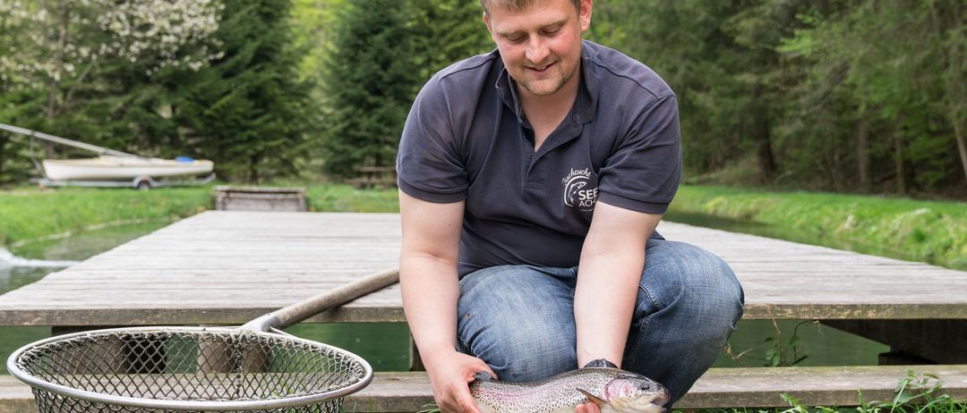 Adult, Male, Man, Person, Portrait, Jeans, Waterfront, Fish, Trout, Tree