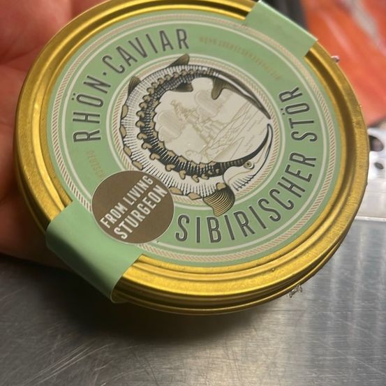 Eine Hand hält eine Dose Rhön Kaviar mit Fischdesign. Das Etikett zeigt 'Von lebenden Sturgeonen' und 'Sibirischer Stör'. Die Dose hat einen goldenen Rand.