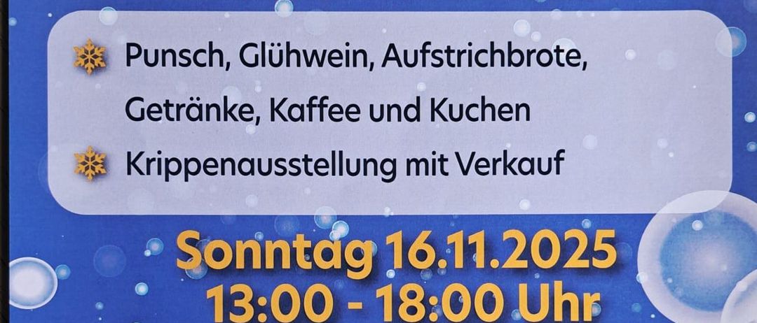 Plakat für Eislaufverein Oberwart-Veranstaltung am 15.11.2025 von 14:00 bis 19:00 Uhr. Beinhaltet Punsch, Glühwein, Brot, Getränke, Kaffee und Kochen. Präsentiert eine Krippenausstellung mit Verkauf. 16.11.2025 von 13:00 bis 18:00 Uhr. Bietet einen Knipselkurs für Kinder ab 6 Jahren an. Anmeldung unter info@krippengauchmeister.at erwünscht. Kosten: 25€. Material und Figuren werden bereitgestellt.