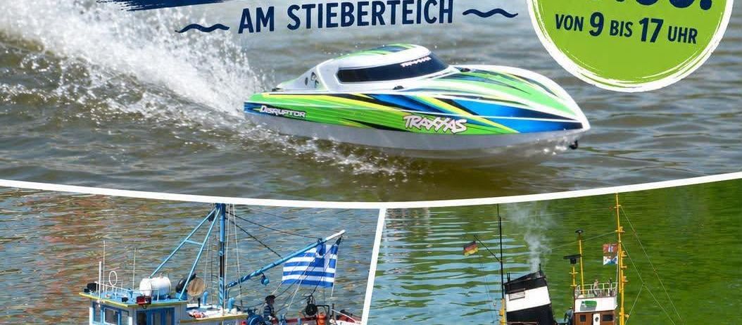 Ein Plakat für eine Bootstreffen in Oberwart am 19. September, mit einem grünen und blauen Boot, einem Schlepper und einem Fischerboot.