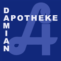 Das Bild zeigt das Logo von Damian Apotheke, mit einem stilisierten Buchstaben 'A' in Blau auf blauem Hintergrund und weißem Text.