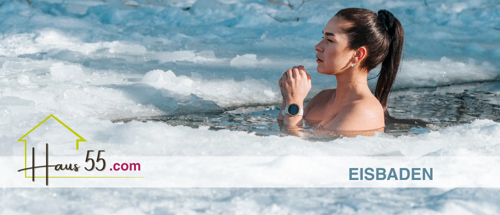 Eine Frau badet in eiskaltem Wasser und trägt eine Smartwatch. Das Bild ist mit einer Website namens 'Eisbaden' verbunden.