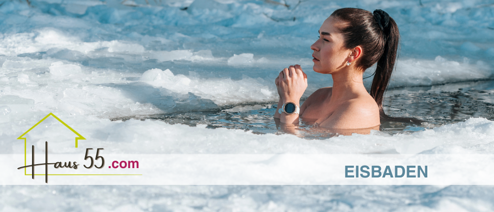 A woman in a wetsuit is taking a dip in icy water, possibly for health benefits. The background features an icy surface and the text 'Eisbaden' in white.