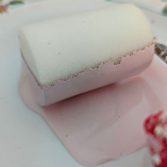 Ein rosafarbener zylindrischer Gegenstand, möglicherweise ein Schwamm, liegt auf einer weißen Oberfläche mit rosa Flüssigkeit darunter. Der Schwamm ist teilweise mit rosa Flüssigkeit bedeckt.