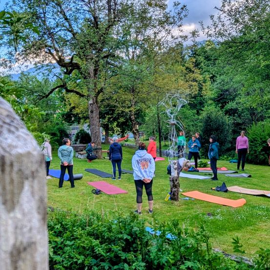 Eine Gruppe von Menschen praktiziert Yoga in einem üppig grünen Park mit Bäumen und Bergen im Hintergrund. Einige stehen, während andere auf Yogamatten sitzen.