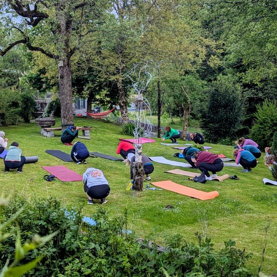 Eine Gruppe von Menschen praktiziert Yoga in einem von Bäumen umgebenen Park. Einige befinden sich in verschiedenen Yoga-Posen auf Matten, während andere stehen. Zwischen den Bäumen hängt eine Hängematte, und in der Nähe steht eine Skulptur.
