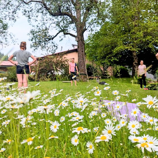 Drei Frauen praktizieren Yoga in einem grasigen Feld mit vielen Gänseblümchen, umgeben von Bäumen und einem Haus im Hintergrund.