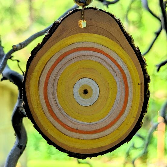Eine hölzerne Scheibe mit einem mehrfarbigen Ringmuster, das einem Ziel ähnelt, hängt von einem Ast ab. Die Ringe bestehen aus gelben, orangefarbenen und weißen Farben.