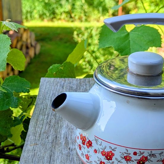 Ein weißer Teekessel mit Blumendesign steht auf einem Holztisch in einem Garten mit grünen Blättern und verschwommenem Hintergrund.