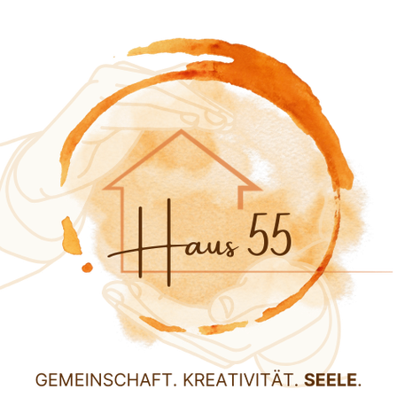 Ein Bild von Händen, die ein Haus mit der Nummer 55 halten, symbolisiert Gemeinschaft, Kreativität und Seele. Der Text lautet Gemeinschaft, Kreativität, Seele.