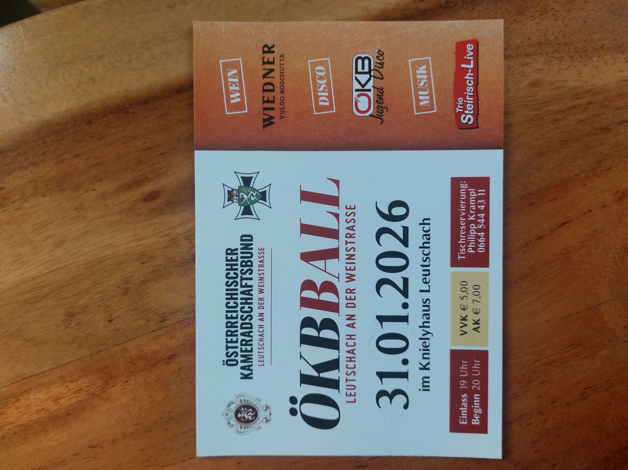 Veranstaltungsticket für O.K. Ball in Leutschach. Datum ist 31. Januar 2026. Preise inkl. VVK 5, Frühbucher 7, AK 7. Einlass 19, Beginn 20. Veranstaltungsort im Kneihaus Leutschach.