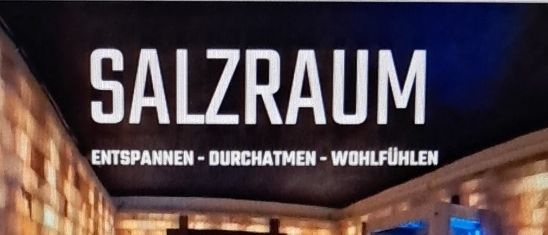 Ein Poster für Salzraum zeigt ein Foto eines Raums mit Holzwänden, einem Tisch und Stühlen. Das Bild zeigt einen blau beleuchteten Raum mit einem Kühlschrank auf der rechten Seite.