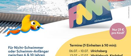 Werbeplakat für Schwimmtage mit UGOTCHI. Ein junges Mädchen schwimmt. Das Plakat enthält Informationen über Schwimmtage für Nichtschwimmer im Alter von 6-10 Jahren. Es enthält Termine, Orte und Anmeldedetails.