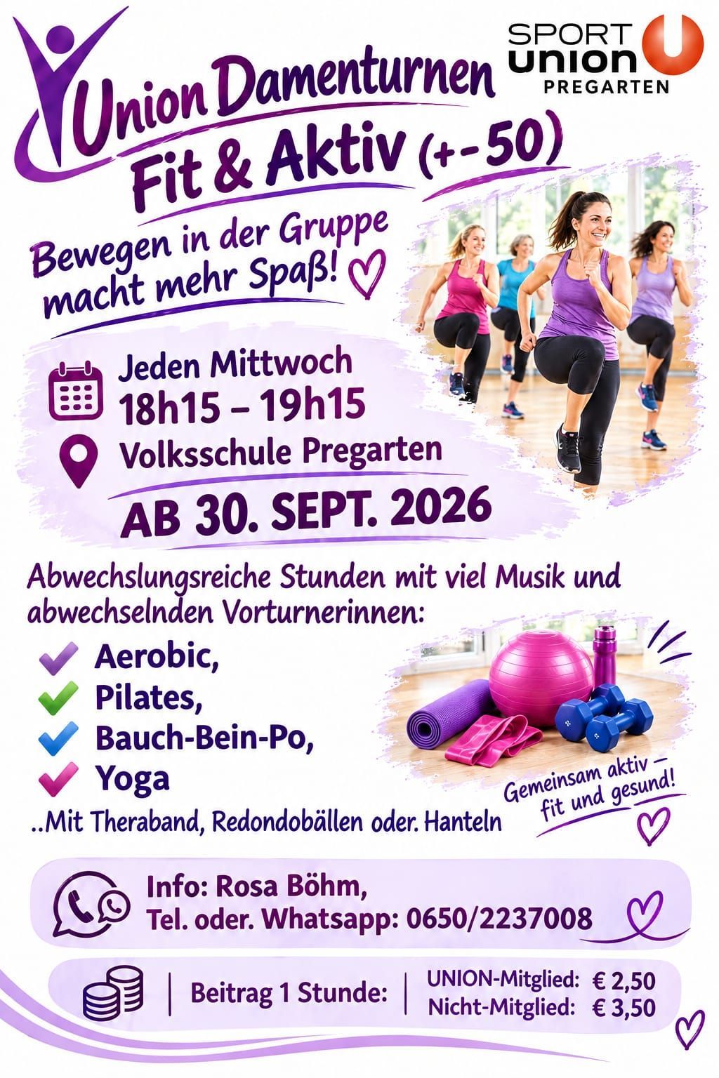 Flyer für Gruppenfitnesskurse mit Frauen, die trainieren, bietet Aerobic, Pilates, Bauch-Bein-Po und Yoga. Kurse beginnen am 30. September 2026, jeden Mittwoch von 18:15 bis 19:15 Uhr an der Volksschule Pregarten.