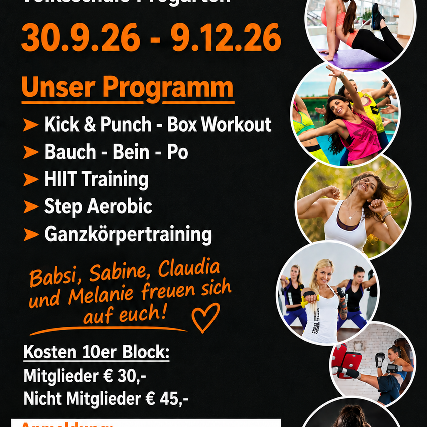 Werbeplakat für ein Fitnessprogramm mit verschiedenen Workout-Optionen und Preisangaben. Termine sind 30.9.26 - 9.12.26.
