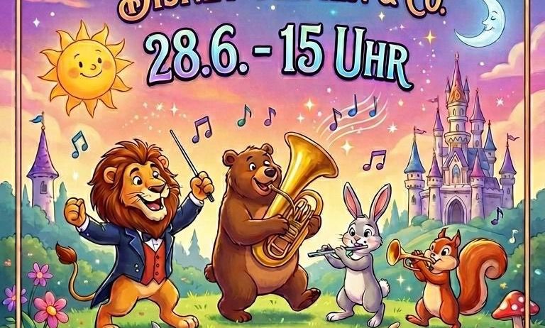 Plakat für einen Familientag mit Szenen aus beliebten Disney-Filmen. Die Veranstaltung findet am 28. Juni ab 15 Uhr statt. Verschiedene Charaktere spielen Musikinstrumente.