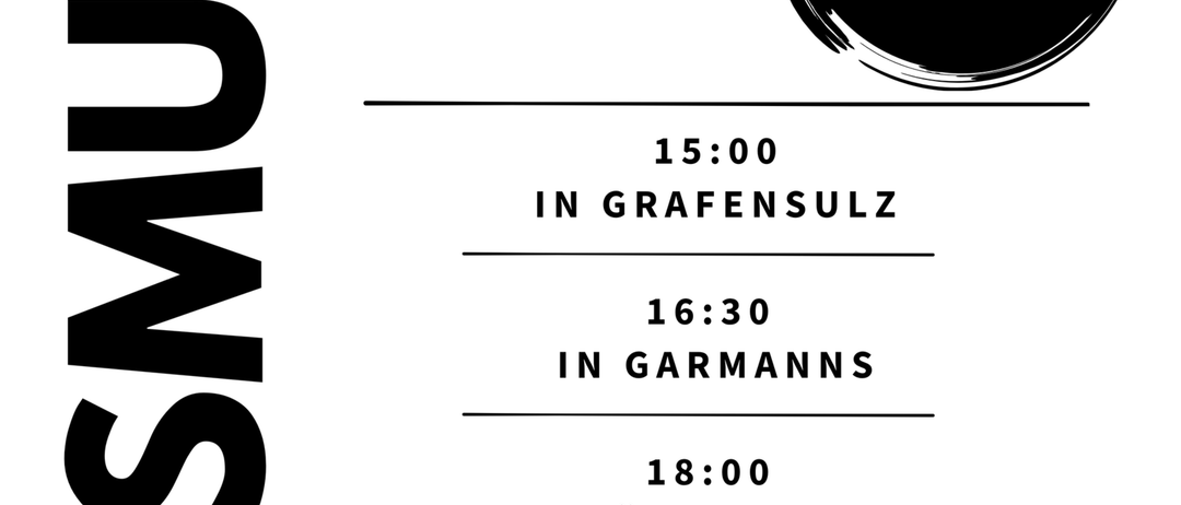 Ein Plakat für ein Musikevent mit Silhouetten von Menschen, die gehen, und einem Datum vom 19. September 2026. Die Veranstaltung ist an drei Orten geplant: Grafensulz um 15:00, Garmanns um 16:30 und Purstendorf um 18:00. Das Plakat ermutigt zu Spenden.