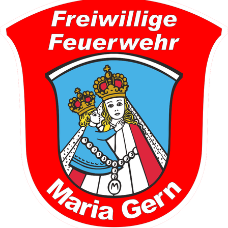 Das Logo der Freiwilligen Feuerwehr Maria Gern zeigt ein Wappen mit zwei gekrönten Figuren, wobei eine größer als die andere ist, mit einem Kreuz auf dem Kopf der größeren Figur. Unter dem Wappen stehen die Worte 'Maria Gern' geschrieben.