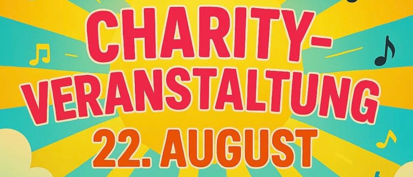 Plakat für eine Wohltätigkeitsveranstaltung. Es zeigt ein Schwein, das auf einem Grill geröstet wird, mit Musiknoten und Palmen im Hintergrund. Die Veranstaltung findet am 22. August um 16 Uhr statt.