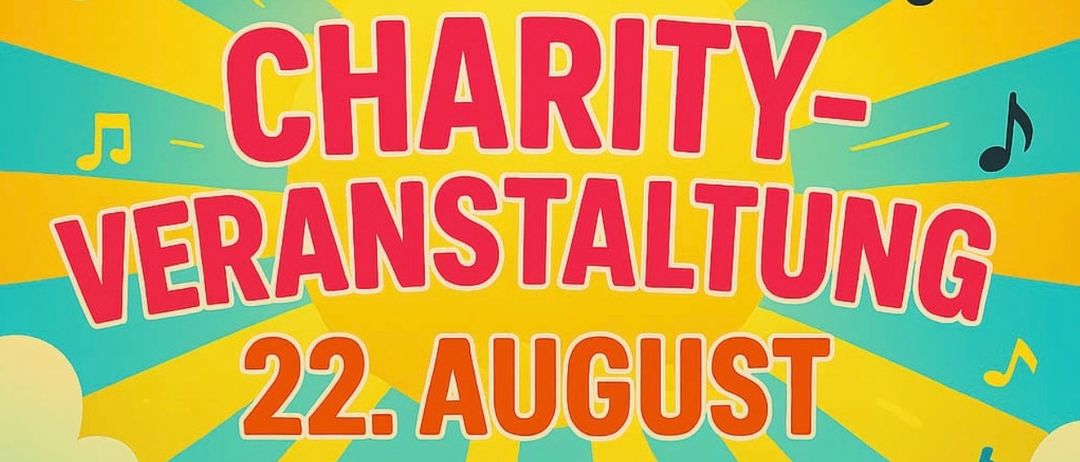 Plakat für eine Wohltätigkeitsveranstaltung. Es zeigt ein Schwein, das auf einem Grill geröstet wird, mit Musiknoten und Palmen im Hintergrund. Die Veranstaltung findet am 22. August um 16 Uhr statt.
