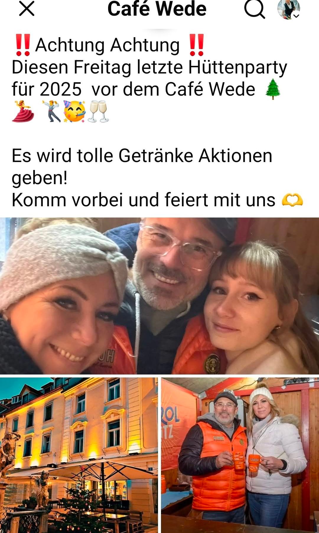 Eine Collage mit einer deutschen Bildunterschrift, die sagt: 'Es wird tolle Getränke-Aktionen geben! Komm vorbei und feiere mit uns'. Es zeigt drei lächelnde Personen und ein Foto eines Gebäudes.