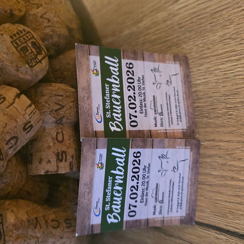 Zwei Tickets für den St. Stefaner Bauernball am 07.02.2026 mit Musik und Disco, Einlass ab 20:00 Uhr. Die Tickets haben einen Holzrahmen und Korken.