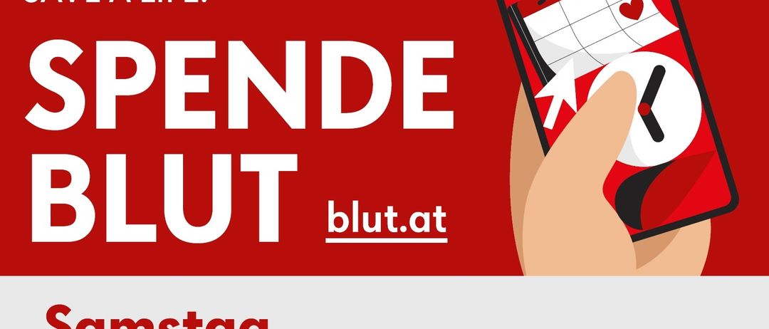 Werbung für eine Blutspende-Veranstaltung am 11.2.2025. Es zeigt ein Smartphone mit einer geöffneten Kalender-App, die das Datum anzeigt. Der Slogan lautet 'Pende Blut' und die Website ist 'blut.at'.