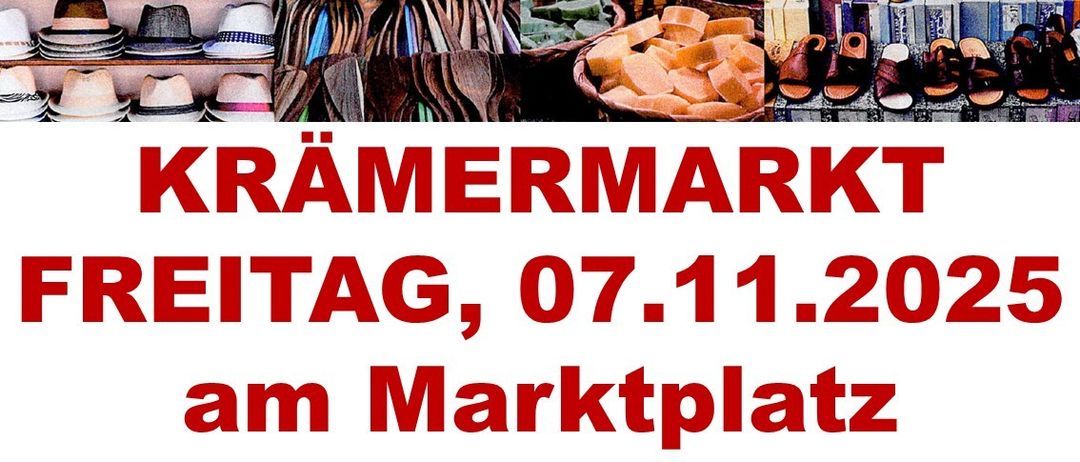 Ein Flyer für einen Markt mit verschiedenen Waren wie Hüten, Holzlöffeln, Seife und Sandalen. Der Text lautet 'KRAMERMARKT, 07.11.2020 am Marktplatz.'