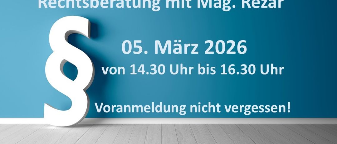 Blaue Wand mit weißem Text 'Lichtsberatung mit Mag. Rezai 05. März 2026 von 14:30 bis 16:30 Uhr. Voranmeldung nicht vergessen'. Weißes 'S' links. Leerer Raum unten.