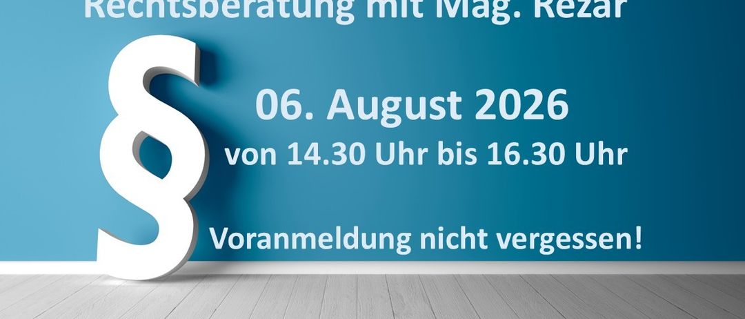 Eine blaue Wand mit weißem Text, der 'Lichtsberatung mit Mag. Reza' lautet. Darunter steht ein Datum '06. August 2026' und eine Zeit 'von 14:30 Uhr bis 16:30 Uhr'. Links ist ein großes 'S' in Weiß zu sehen.
