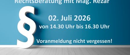 Eine blaue Wand zeigt einen weißen Buchstaben S mit einer Veranstaltungsankündigung auf der rechten Seite. Es steht: 'Lichtberatung mit Herrn Reza, 02. Juli 2026, von 14:30 bis 16:30 Uhr. Voranmeldung nicht vergessen.'