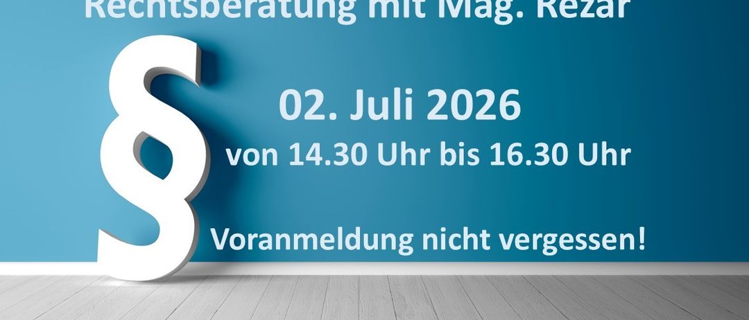 Eine blaue Wand zeigt einen weißen Buchstaben S mit einer Veranstaltungsankündigung auf der rechten Seite. Es steht: 'Lichtberatung mit Herrn Reza, 02. Juli 2026, von 14:30 bis 16:30 Uhr. Voranmeldung nicht vergessen.'