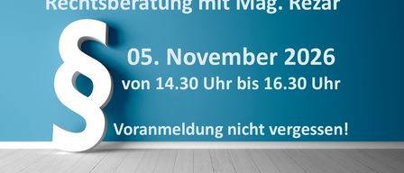Ein leerer Raum mit einer blauen Wand, die den Buchstaben 'S' und einen Text über eine Beratung am 5. November 2026 zeigt. Die Zeit ist von 14:30 Uhr bis 16:30 Uhr. Es gibt eine Erinnerung, die Voranmeldung nicht zu vergessen.