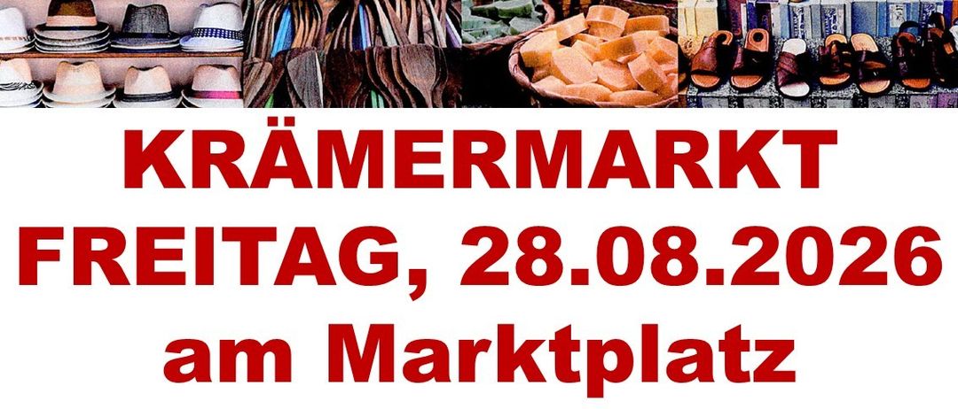Marktplatz-Veranstaltung am 28. August auf dem Marktplatz mit verschiedenen Artikeln wie Hüten, Schuhen und Holzlöffeln.