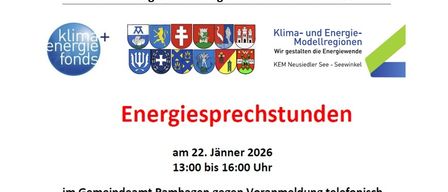Plakat für Energieberatung in Neusiedler See. Es enthält Logos, deutschen Text und einen Zeitplan für den 22. Januar 2026.