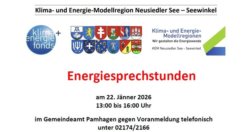 Plakat für Energieberatung in Neusiedler See. Es enthält Logos, deutschen Text und einen Zeitplan für den 22. Januar 2026.
