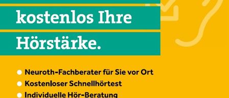 Ein Werbeplakat für einen Hörtest-Event. Es bietet kostenlose Hörtests, schnelle Hörtests und individuelle Hörberatung an. Der Event findet am Mittwoch, den 28. Januar, von 8:00 bis 12:00 im Gemeindeamt Pamhagen statt.