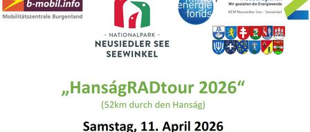 Eine Werbung für die HansagRADtour 2026, eine 52km Radtour durch Hansag. Der Treffpunkt ist um 09:15 Uhr am Wallner Bahnhof, mit einem Treffpunkt im Gasthof Tauber.