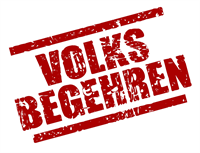 Ein roter Stempel auf weißem Hintergrund zeigt 'Volksbegehen' in fetter deutscher Schrift. Es ähnelt einem Siegel oder Stempel.