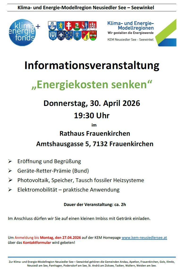 Informationsveranstaltung am 30. April 2026 um 19:30 im Rathaus Frauenkirchen. Themen sind Eröffnung, Begrüßung, Geräte-Retter-Prämie (Bund), Photovoltaik, Speicher, Austausch fossiler Heizsysteme und Elektromobilität. Dauer: ca. 2 Stunden. Im Anschluss ein kleiner Imbiss mit Getränken.