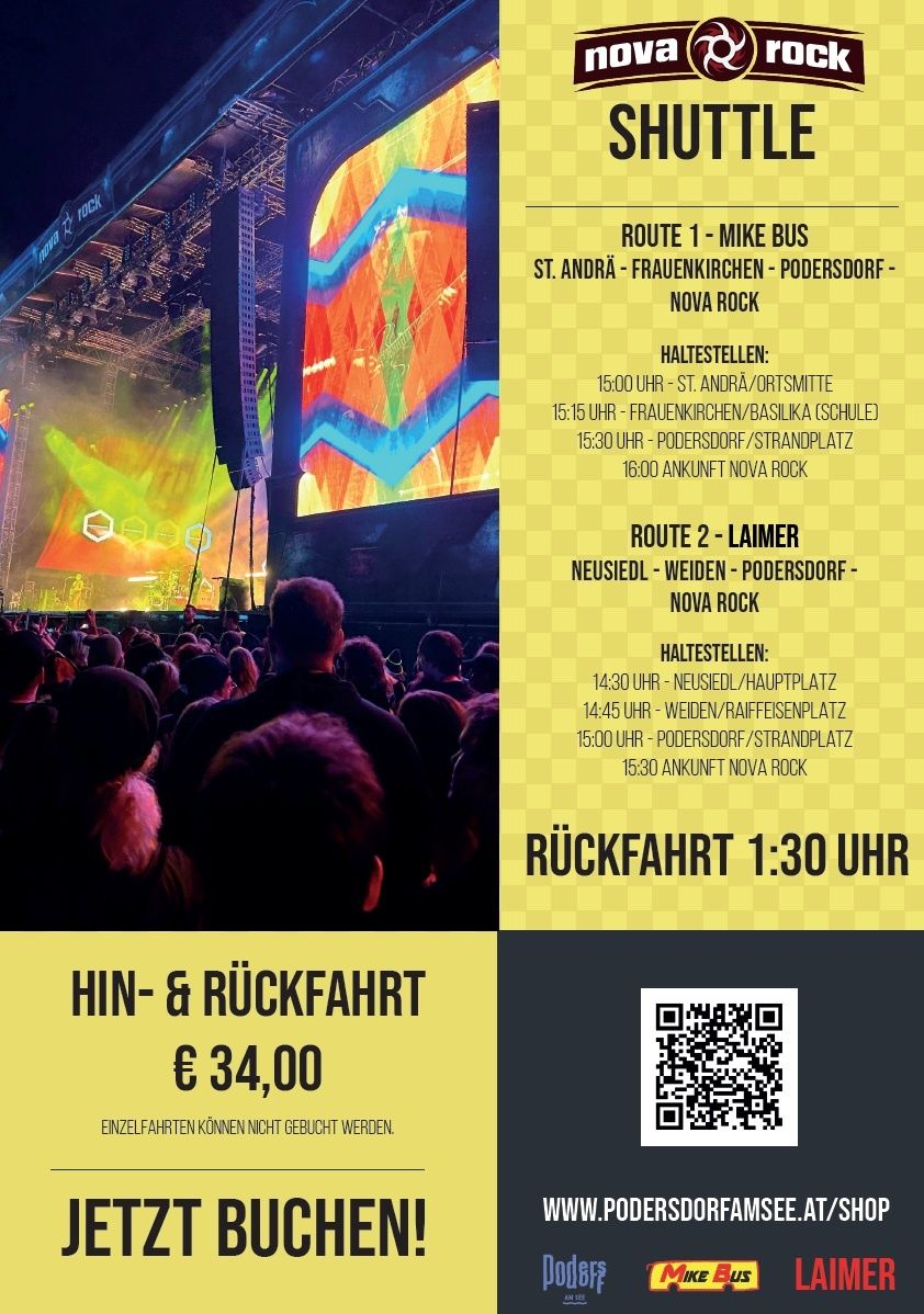 Werbung für ein Rockfestival mit Routen und Zeiten für zwei Busse, mit einer Rückfahrtzeit von 1:30 Uhr. Es kostet 34 Euro für Hin- und Rückfahrt.