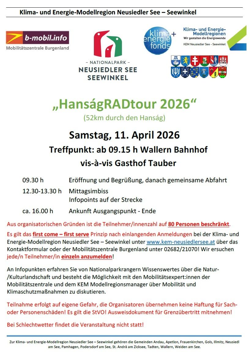 Plakat für die HansagRADtour 2026. Datum: Samstag, 11. April 2026. Treffpunkt: ab 09:15 Uhr am Bahnhof Wallern. Veranstaltung beginnt um 09:30 Uhr, Mittagsimbiss von 12:30 bis 13:30 Uhr, und endet gegen 16:00 Uhr. Teilnahme begrenzt auf 80 Personen. Anmeldung unter www.kem-neusiedlersee.at.